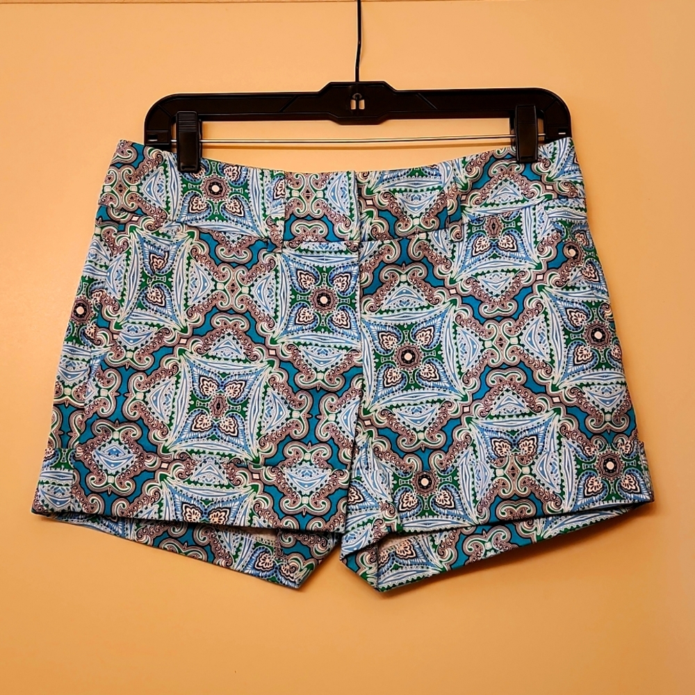 Shorts in a blue and green paisley pattern